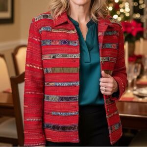 Coldwater Creek Holiday Magic Red Lined Patchwork Tapestry Jacket Medium